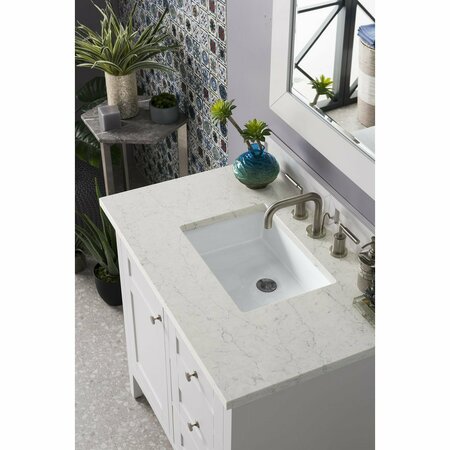 James Martin Vanities Palisades 36in Single Vanity, Bright White w/ 3 CM Eternal Jasmine Pearl Quartz Top 527-V36-BW-3EJP